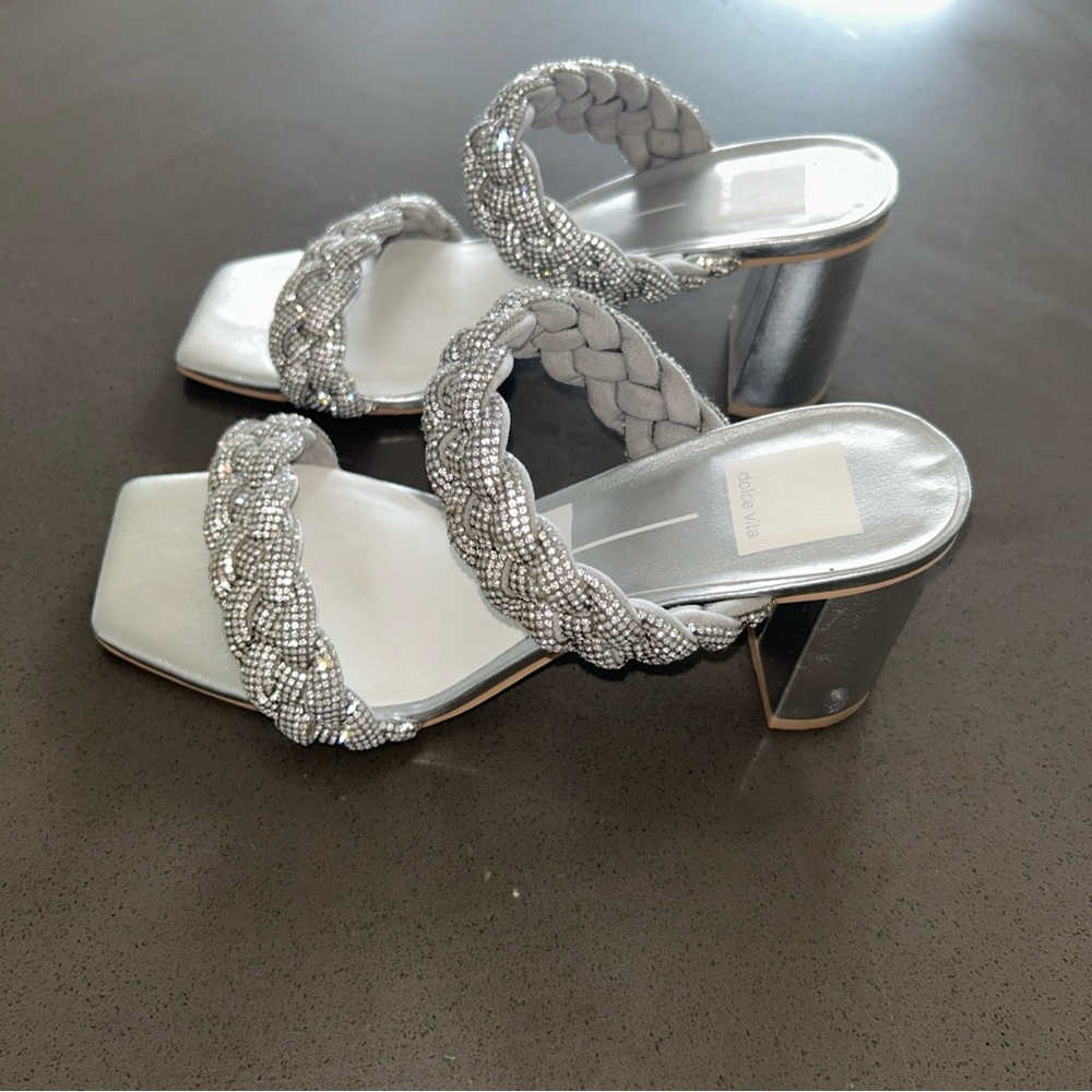 Dolce Vita Paily Silver Rhinestone Braided Block Heel Slide Sandal 8